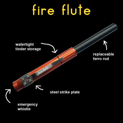 fire flute features: replaceable ferro rod, hardened steel striker plate, emergency whistle and water-tight tinder storage