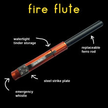 Load image into Gallery viewer, fire flute features: replaceable ferro rod, hardened steel striker plate, emergency whistle and water-tight tinder storage
