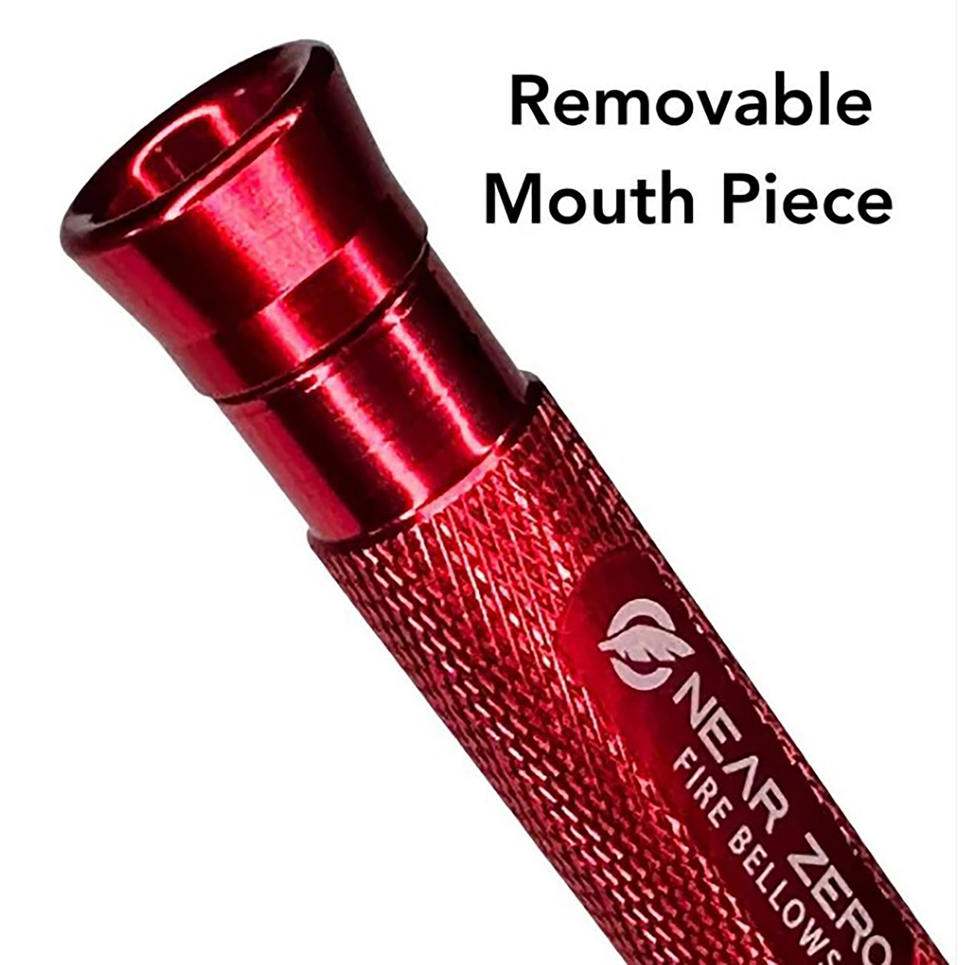 close up of red pocket fire bellows - showing removable mouth piece