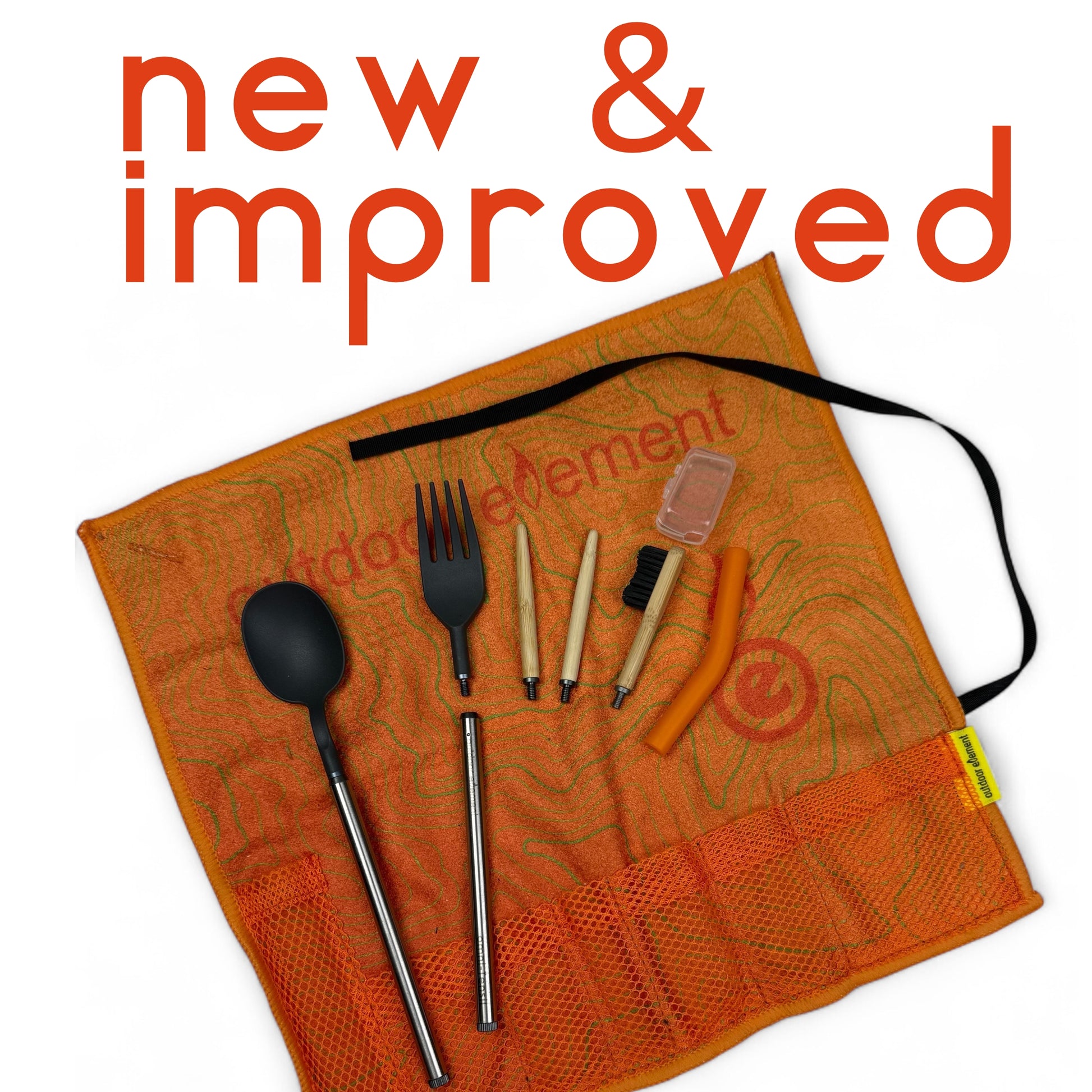 omni-tensil 2.0 contents: roll cloth/towel, handles, spoon, fork, chopsticks, toothbrush, bellows