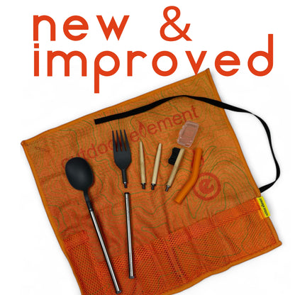omni-tensil 2.0 contents: roll cloth/towel, handles, spoon, fork, chopsticks, toothbrush, bellows