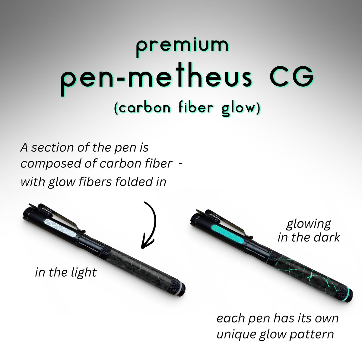 Promotional graphic for premium pen-metheus CG carbon fiber glow pens, showing two views of the pen labeled 'in the light' and 'glowing in the dark' with explanatory text on a light gray gradient background.