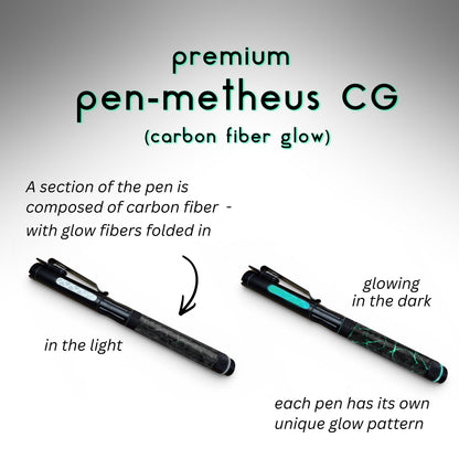 Promotional graphic for premium pen-metheus CG carbon fiber glow pens, showing two views of the pen labeled 'in the light' and 'glowing in the dark' with explanatory text on a light gray gradient background.