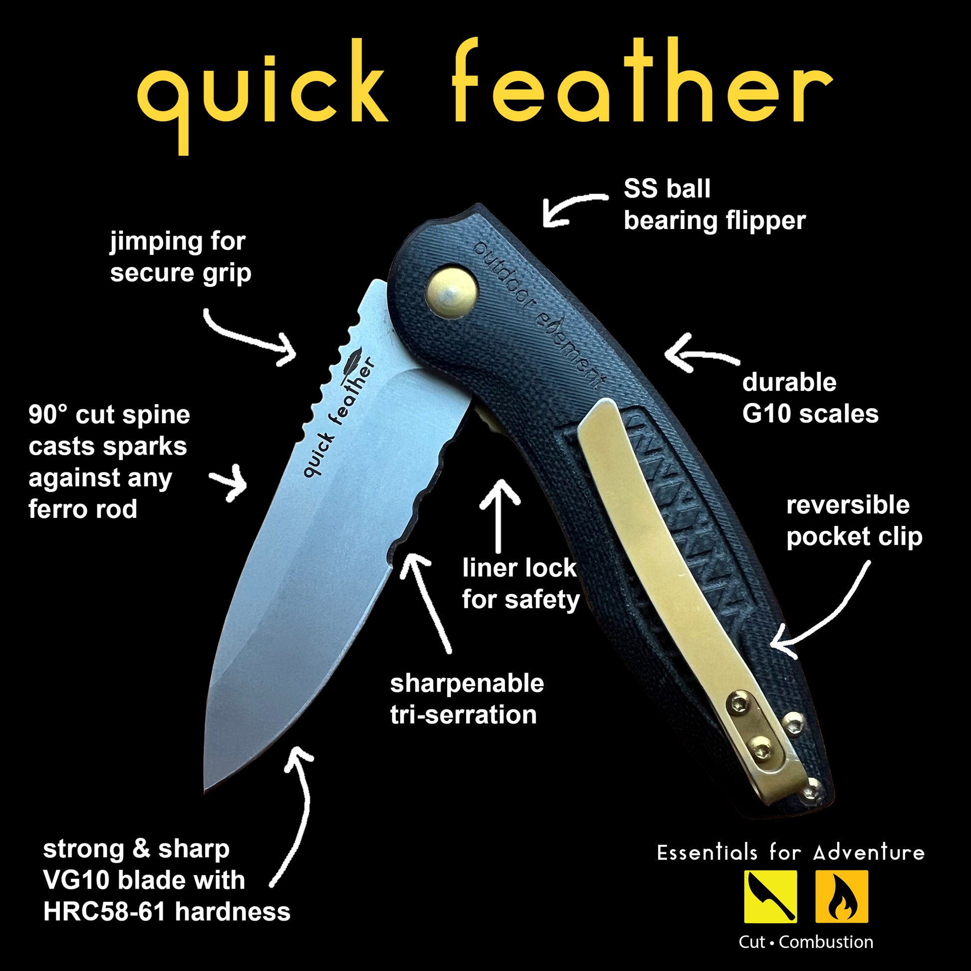 quick feather by outdoor element is the super smooth flipper knife with a strong & sharp VG10 steel blade and durable G10 scales, a reversible deep, tip-up pocket clip. 90 degree cut spine will cast sparks against a ferro rod