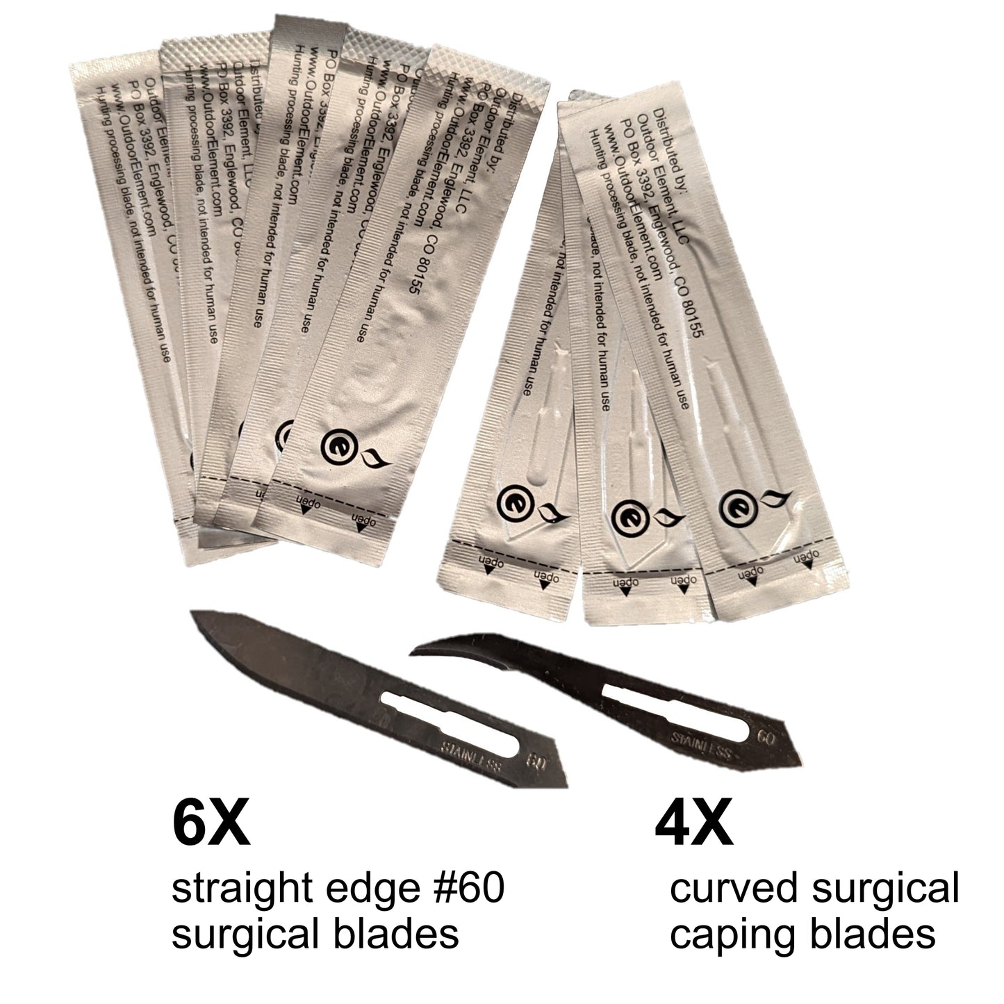 replacement blades for Field Feather Knife by outdoor element; 6x surgical #60 straight edge blades and 4x curved edge blades