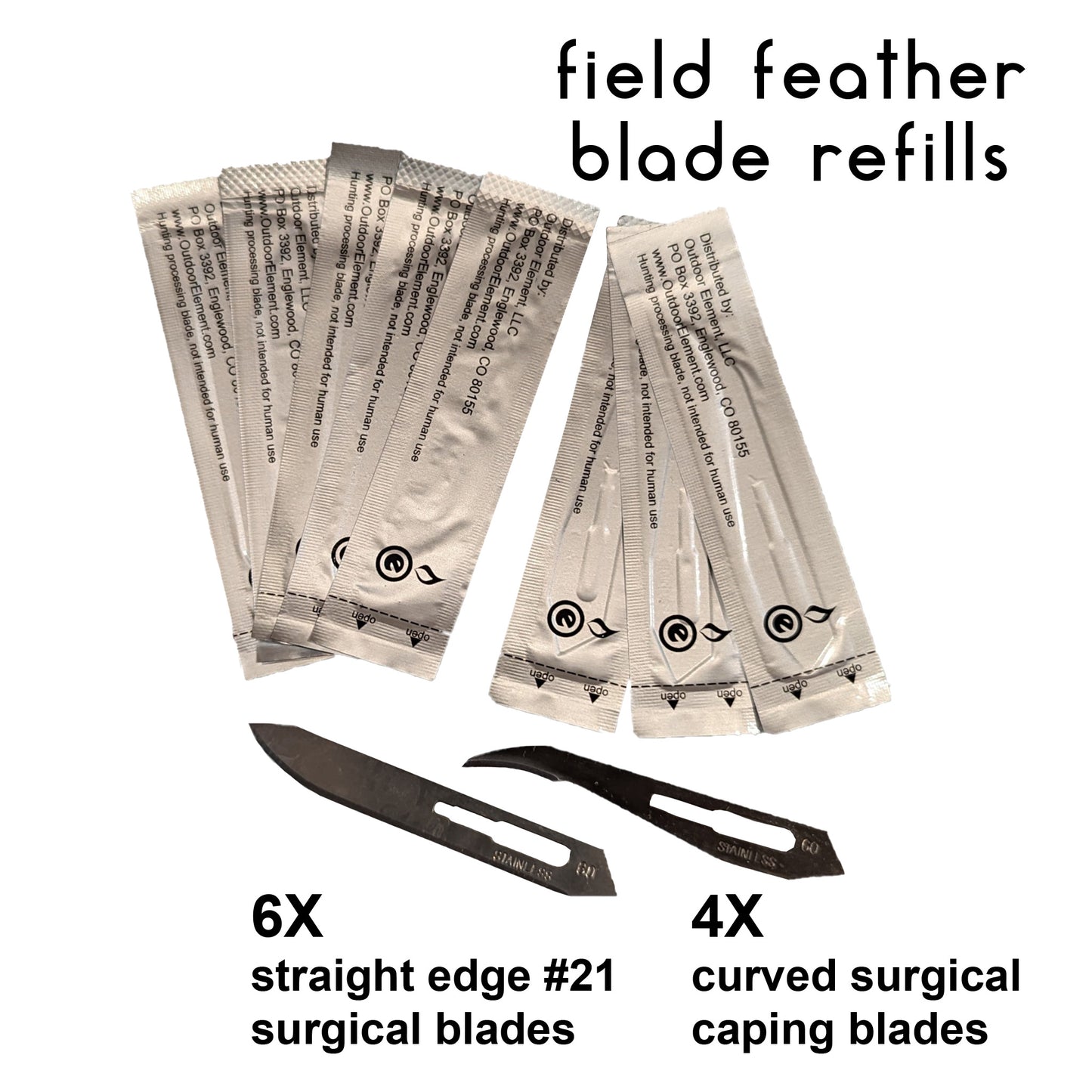 replacement blades for Field Feather Knife by outdoor element; 6x surgical #21 straight edge blades and 4x curved edge blades