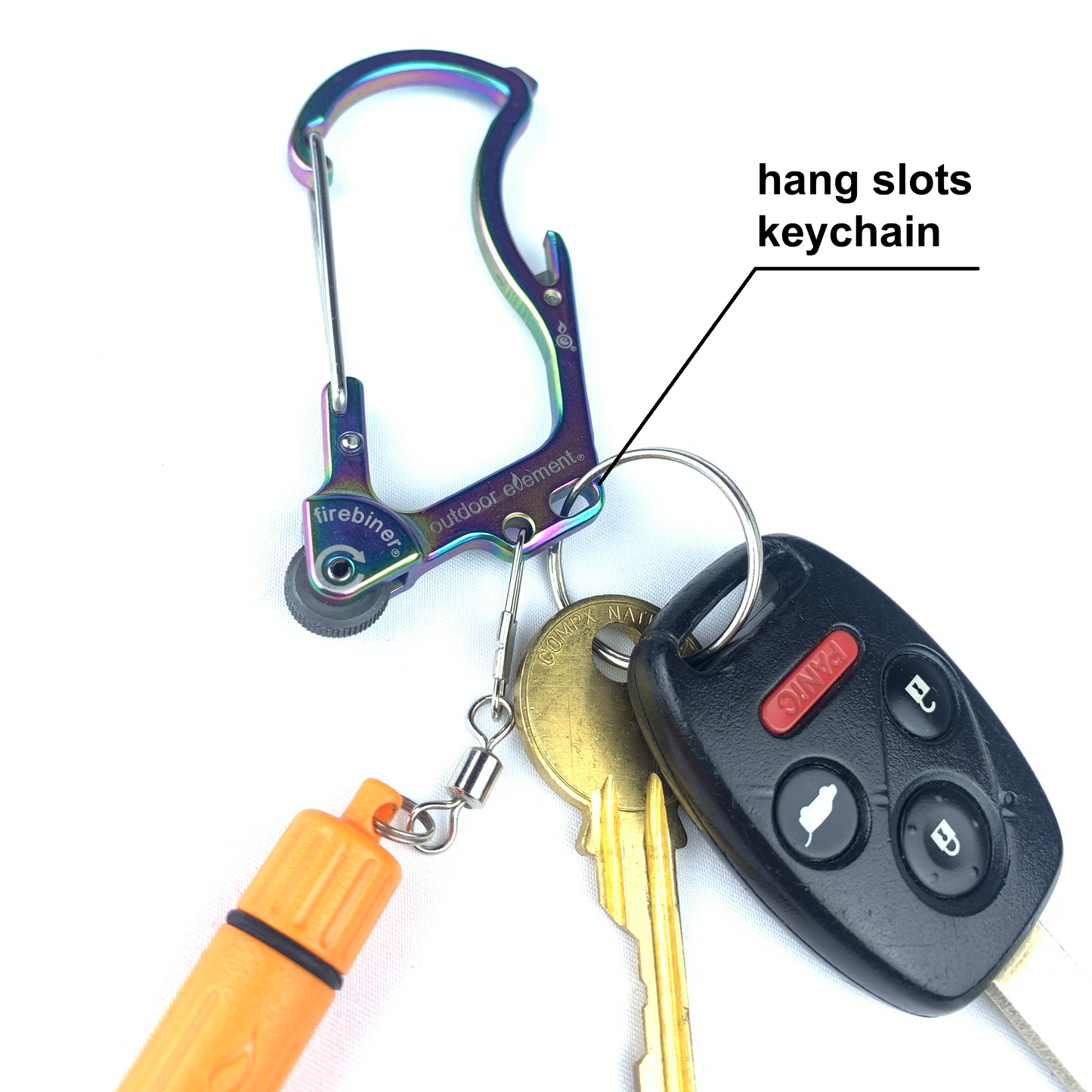 Firebiner Multitool Carabiner fire starter hang slots with keys