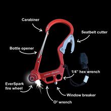 Load image into Gallery viewer, Red Fire Escape Multitool Carabiner features list
