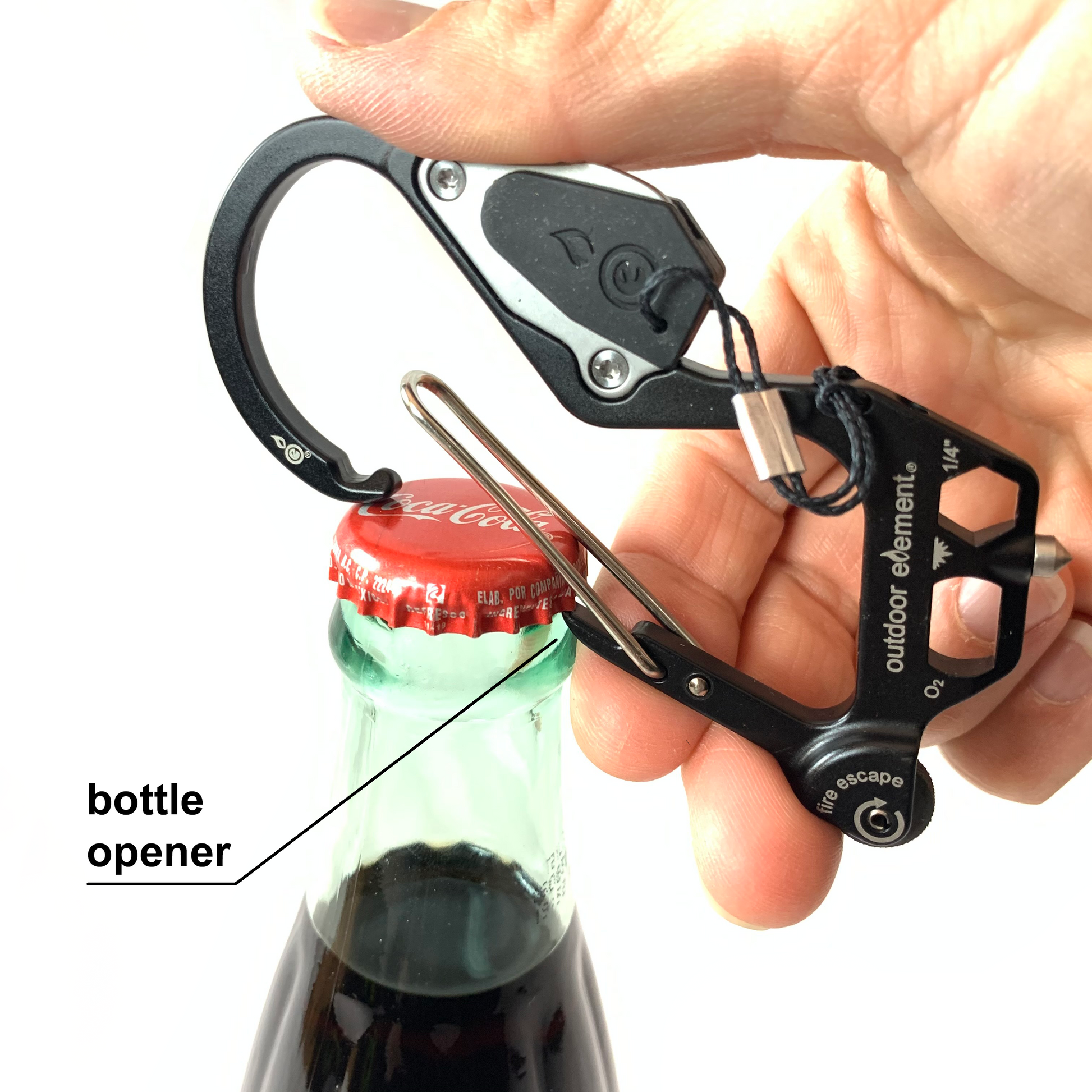 Fire Escape Multitool Carabiner showing bottle opener feature