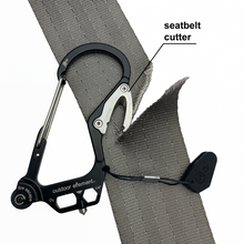 Load image into Gallery viewer, Fire Escape Multitool Carabiner showing seatbelt cutting feature
