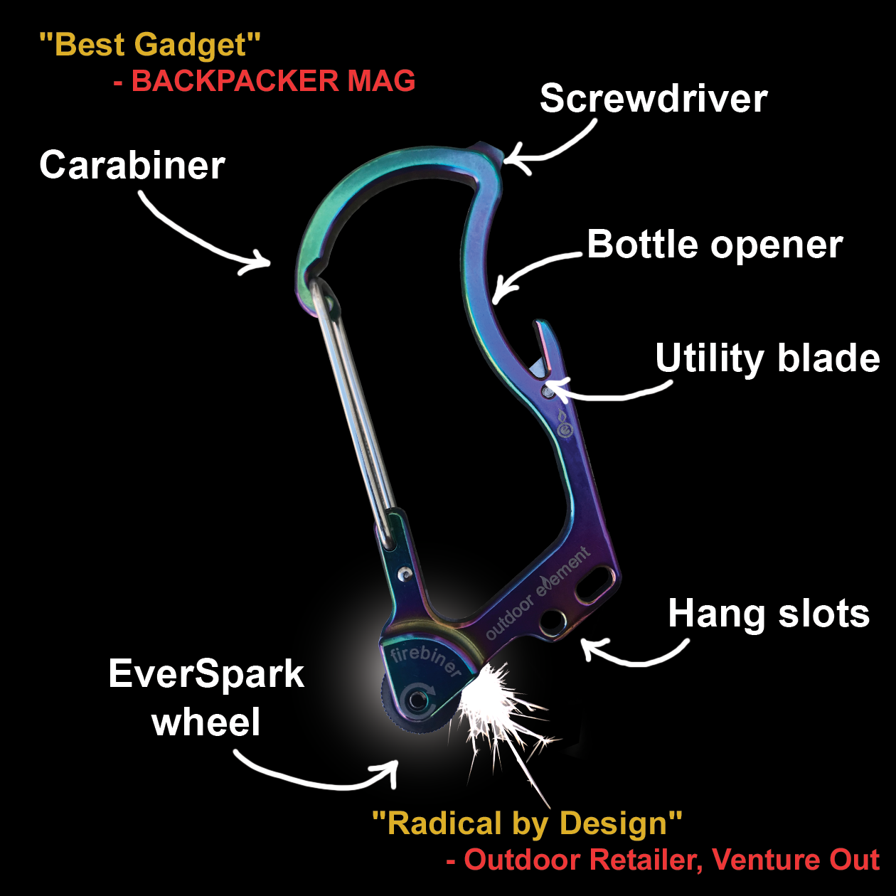 Firebiner Survival Multitool Carabiner fire starter features list