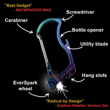 Load image into Gallery viewer, Firebiner Survival Multitool Carabiner fire starter features list
